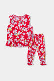 Girls 100% Imported Linen Cotton Frill Sleeves Printed Suit